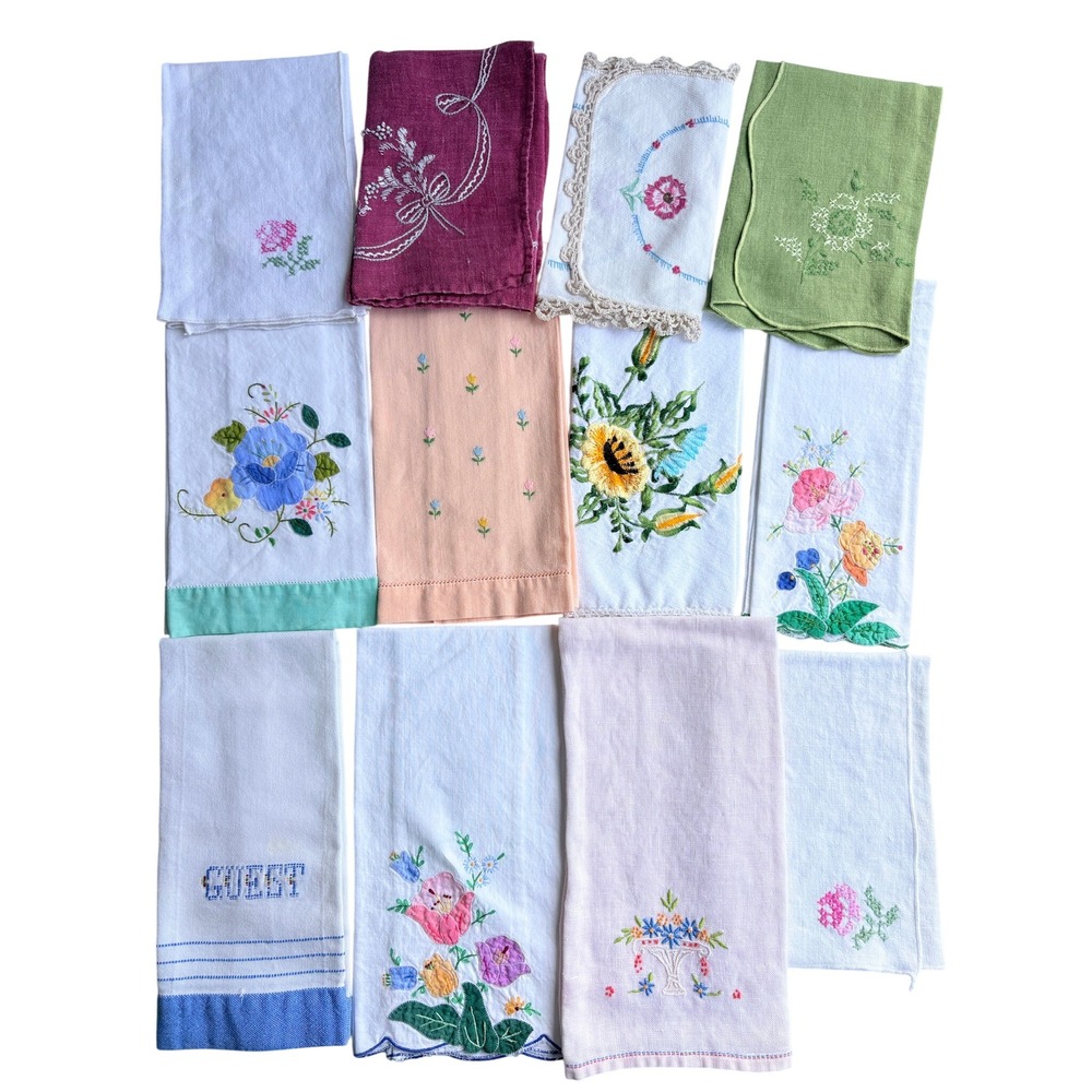 Vintage Hand Embroidered Guest Towels Lot of 11 Floral Cross Stitch Mixed Linens